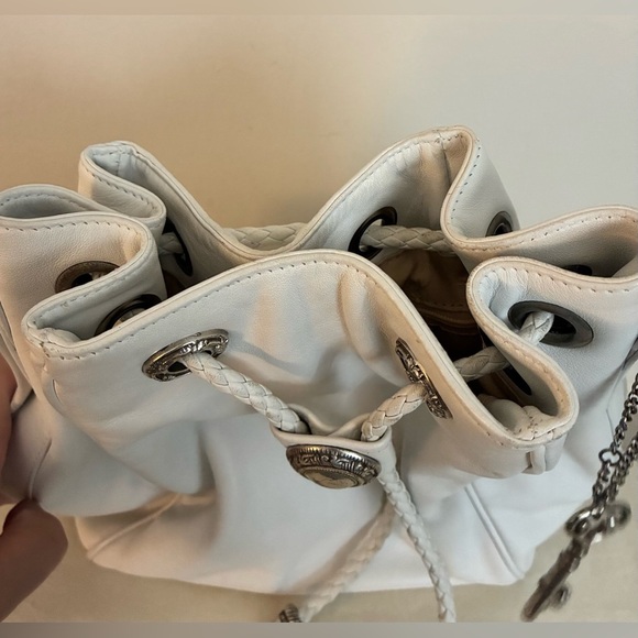 Vintage Fossil White Leather Bucket Purse w/Braided Drawstring & Silver Accents - Picture 5 of 16